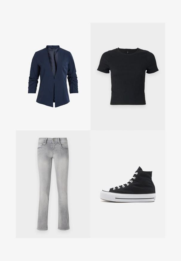 Blazer navy en una tela suave con escote en V profundo, mangas largas y detalles fruncidos en las mangas. Diseño de frente abierto.; Camiseta negra de manga corta con tejido texturizado y cuello redondo. Corte ajustado, patrón sutil y diseño a la altura del abdomen.; Jeans de denim gris con un diseño ajustado, ligero acampanado en el dobladillo, dos bolsillos frontales y cierre de botón. Textura deslavada en todo su recorrido.; Zapatillas de lona altas en negro con puntera de goma blanca, cordones blancos y una parte superior texturizada en negro. Suela intermedia a rayas en blanco y negro.
