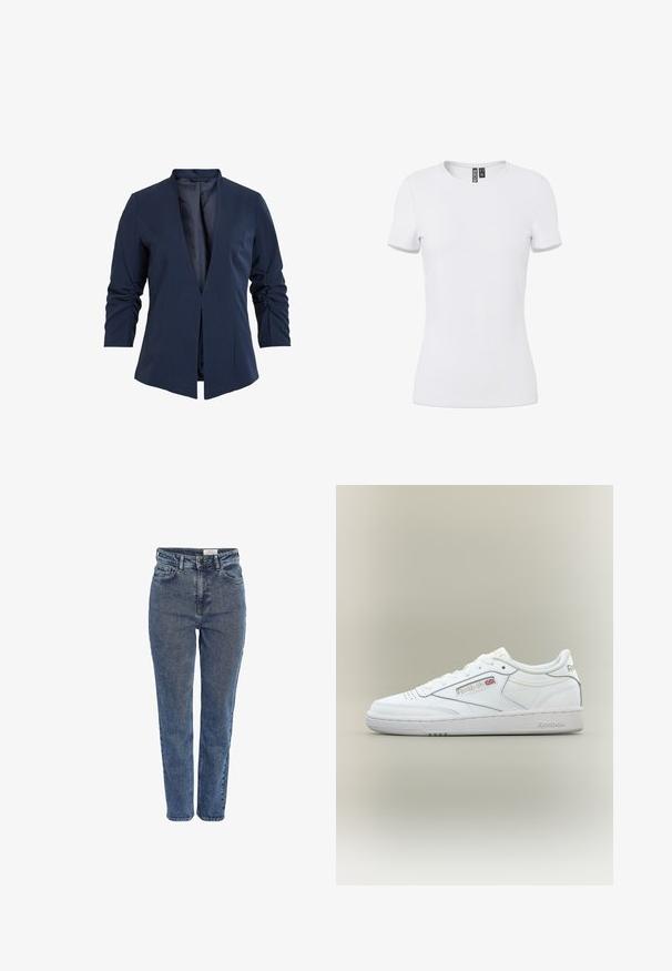 Blazer navy en tissu lisse avec un décolleté en V profond, des manches longues et des détails froncés sur les manches. Conception à ouverture frontale.; T-shirt blanc ajusté à manches courtes avec col rond et étiquette intérieure visible au niveau du col, présenté sur un fond uni.; Jean bleu en denim taille haute avec poches avant, passants pour ceinture, fermeture par boutons et coupe jambe droite sur fond blanc.; Baskets basses blanches Reebok avec détails de couture, perforations près des orteils et logo Reebok avec un petit Union Jack sur le côté.