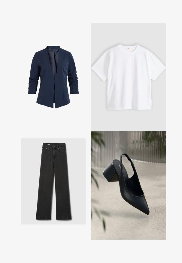 Blazer navy en una tela suave con escote en V profundo, mangas largas y detalles fruncidos en las mangas. Diseño de frente abierto.; Camiseta blanca de algodón con mangas cortas, cuello redondo, ajuste holgado, textura suave y una pequeña etiqueta con logotipo en la costura del lado izquierdo.; Jeans negros de cintura alta y pierna recta con cinco bolsillos y remaches de cobre, dispuestos sobre un fondo gris claro.; Zapato de tacón slingback de cuero negro con punta afilada y tacón cuadrado. Textura suave, diseño minimalista y correa ajustable en el tobillo.