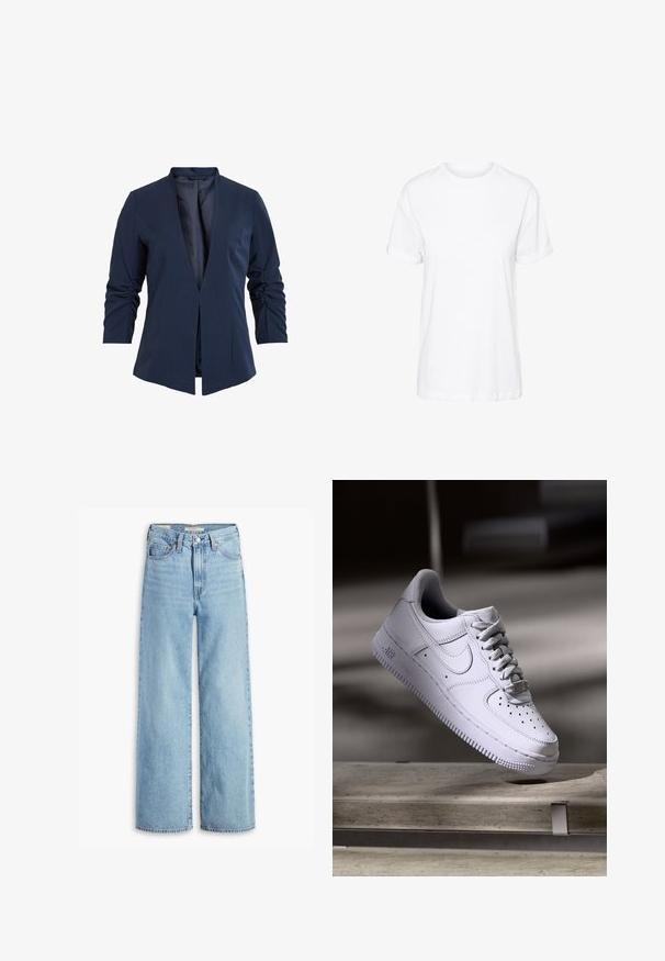 Blazer navy en una tela suave con escote en V profundo, mangas largas y detalles fruncidos en las mangas. Diseño de frente abierto.; Camiseta blanca de algodón con mangas cortas, cuello redondo y un corte holgado, con una textura suave y sin patrones visibles.; Jeans de pierna ancha de talle alto, de un azul claro, con botón y cremallera en el frente, lazos para cinturón y estilo de cinco bolsillos.; Zapatilla Nike Air Force 1 blanca levitando sobre una superficie de hormigón con sombras en un entorno minimalista.