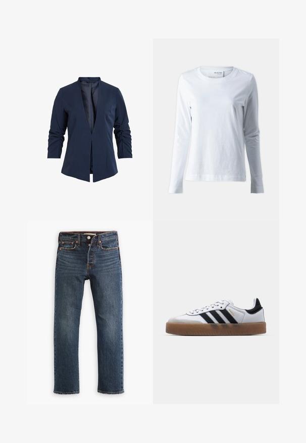 Blazer navy en una tela suave con escote en V profundo, mangas largas y detalles fruncidos en las mangas. Diseño de frente abierto.; Camiseta blanca de manga larga hecha de algodón suave. Presenta un cuello redondo y mangas ajustadas. Textura suave con un diseño liso.; Vaqueros de mezclilla azul oscuro con corte recto en las piernas. Presentan bolsillos delanteros, cierre de botones y detalles de costuras visibles. Textura desgastada.; Zapatillas de cuero blancas con rayas negras, suela de goma, puntera redonda, cierre de cordones y caperuza de ante gris suave.