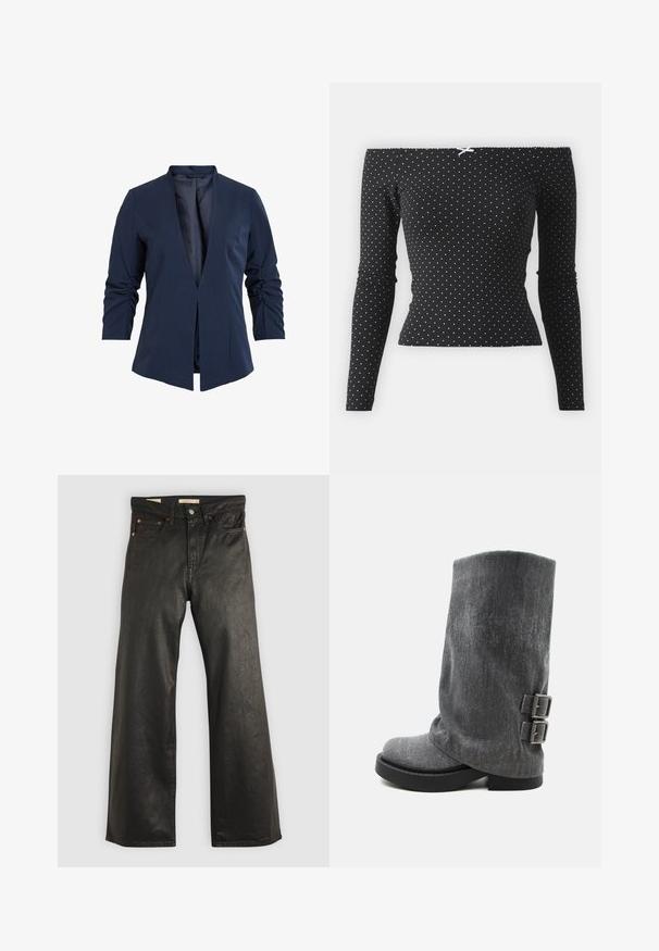 Marineblazer i et glat stof med dyb V-hals, lange ærmer og draperet detail på ærmerne. Åben frontdesign.; Sort off-shoulder top med lange ærmer, der har hvide prikker og en dekorativ lys blå sløjfe bagpå. Lavet af blødt stof.; Sorte denim bukser med brede ben og en glat tekstur, der har fem lommer og detaljer i kobberfarvet metal. Klassisk knaplukning.; Grå midt på læggen slouchy støvle med sort sål og to justerbare side-spænder vist i profil på hvid baggrund.
