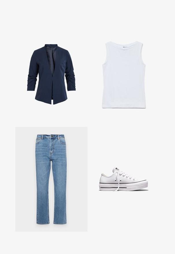 Blazer navy en tissu lisse avec un décolleté en V profond, des manches longues et des détails froncés sur les manches. Conception à ouverture frontale.; Haut blanc sans manches en coton avec un large col rond et un ourlet droit, présenté à plat sur un fond blanc.; Jean en denim bleu clair avec une coupe droite, cinq poches, fermeture à bouton à l'avant et décoloration subtile sur le tissu.; Baskets basses en toile blanche avec lacets blancs, semelle en caoutchouc, détails à rayures noires, et écusson logo sur la languette et le talon.