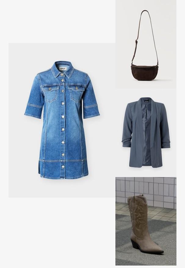 Blazer gris avec une texture lisse, devant ouvert et manches repliées. L'intérieur présente une finition satinée contrastante, au design minimaliste.; Robe chemise en denim bleu clair, avec manches courtes, quatre poches frontales, et fermetures à boutons argentés. Détails de surpiqûres sur l'ensemble.; Botte de cowboy haute en daim beige avec coutures décoratives et clous, dotée d'un bout pointu et d'un talon noir incliné sur le trottoir.; Sac bandoulière en daim marron foncé avec une sangle réglable et une poche zippée à l'avant, posé sur un fond clair uni.