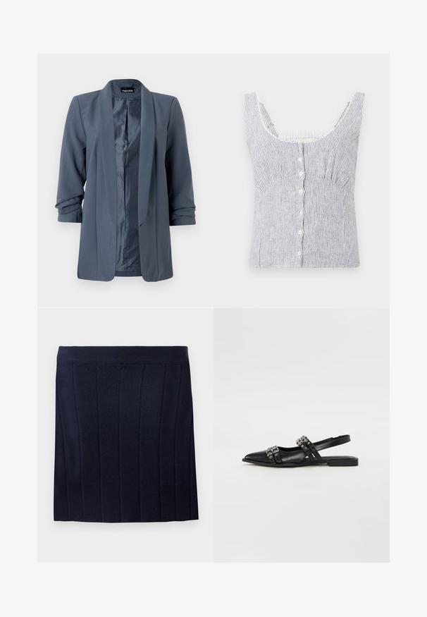 Grijze blazer met een gladde textuur, open voorkant en omgeslagen mouwen. Interior heeft een contrasterende satijnen afwerking en een minimalistisch ontwerp.; Witte en grijze verticaal gestreepte zonder mouwen button-up top met brede bandjes en een aansluitende buste, weergegeven op een effen achtergrond.; Object OBJTHESS - Minirok - sky captain; Even&Odd Slingback ballerina´s - black