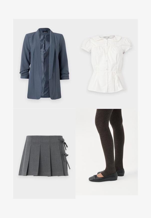 Grå blazer med en glat tekstur, åben front og foldede ærmer. Indvendigt har den en kontrasterende satinfinish og et minimalistisk design.; Hvid kortærmet bluse med Peter Pan-krave, forreste knapper, rynket buste, elastiske ærmekanter og et tyndt bindebælte i taljen.; Grå plisseret mininederdel i et struktureret stof med bindelukning på den ene side og en glat linning for øget komfort.; Ben iført mørke ribbede leggings kombineret med sorte balletsko med små sløjfedetaljer på hvid baggrund.