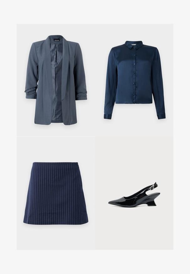 Grauer Blazer mit glatter Textur, offener Vorderseite und hochgeschlagenen Ärmeln. Das Innere verfügt über ein kontrastierendes Satinenfinish und ein minimalistisches Design.; Navyblaue Langarmbluse aus glattem Satin, mit Kragen und durchgehendem Knopfverschluss. Einfaches Design, ohne Muster oder Akzente.; Marineblaue Rock mit dünnen weißen vertikalen Streifen und einem geraden, knielangen Schnitt, auf einem schlichten weißen Hintergrund präsentiert.; Schwarzer Slingback-Schuh aus Lackleder mit spitzer Spitze und niedrigem, schrägem Blockabsatz auf einfachem hellem Hintergrund.