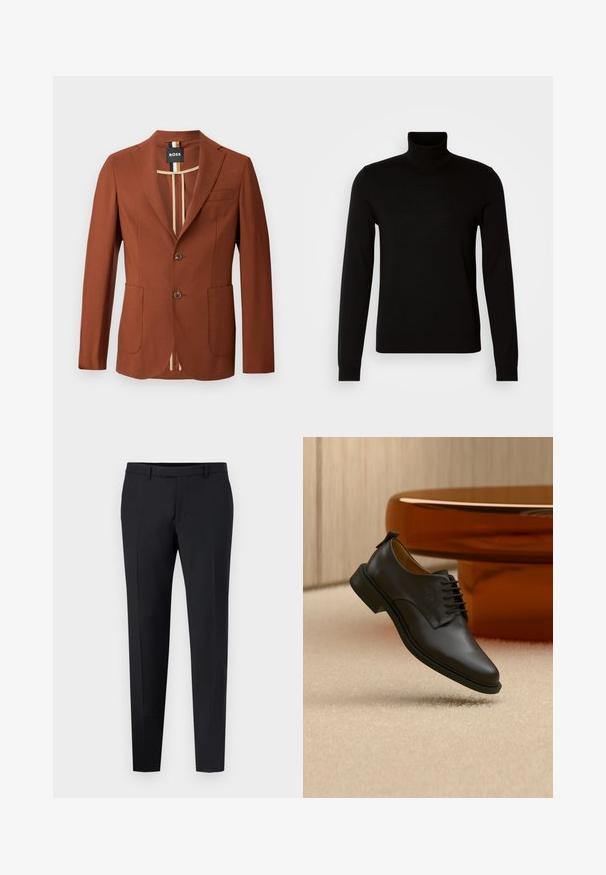 Brun blazer med en skræddersyet design, der har to forlommer, to knapper og en stribet indvendig foring. Glat tekstur, struktureret form.; Sort turtleneck sweater lavet af et fint strikket stof, der har lange ærmer og en tætsiddende silhuet. Glat tekstur med ribbede manchetter.; Sorte skræddersyede bukser med slim fit, der har flad front, bæltestropper og ingen synlige mønstre eller detaljer. Glat tekstur.; Sort læder snørestøvle til mænd, der svæver over en beige tæppe, med et brunt rundt sofabord i baggrunden.
