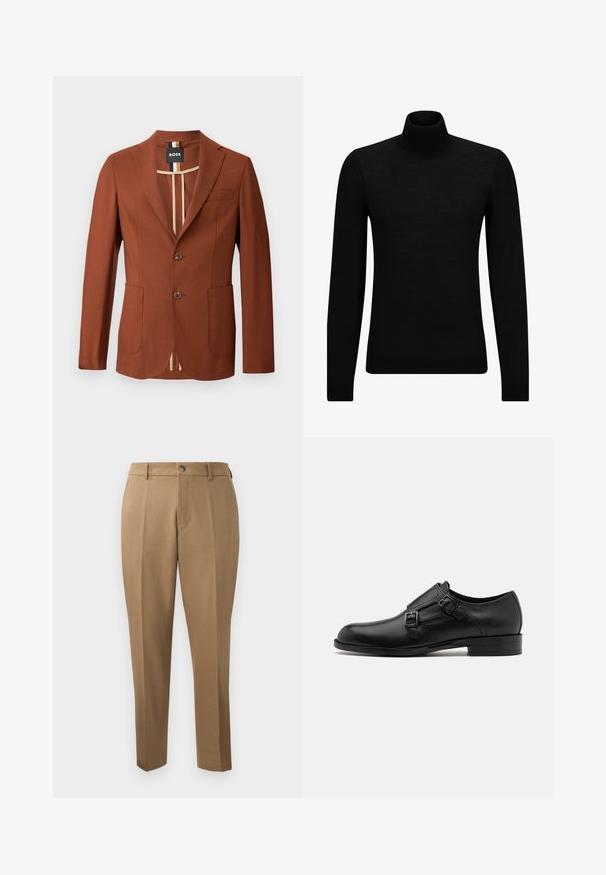 Blazer marron au design ajusté, comprenant deux poches avant, deux boutons et une doublure intérieure rayée. Texture lisse, forme structurée.; Pull à col roulé noir en matériau doux, avec des manches longues et une coupe ajustée. Finition côtelée au bas et aux poignets. Design simple.; Pantalons marron sur mesure avec une coupe droite, plis simples, passants de ceinture et fermeture à bouton sur le devant. Tissu lisse avec une texture mate.; Chaussure habillée en cuir noir avec double boucle, silhouette élégante et bout rond. Dispose d'un petit talon et d'une texture lisse.
