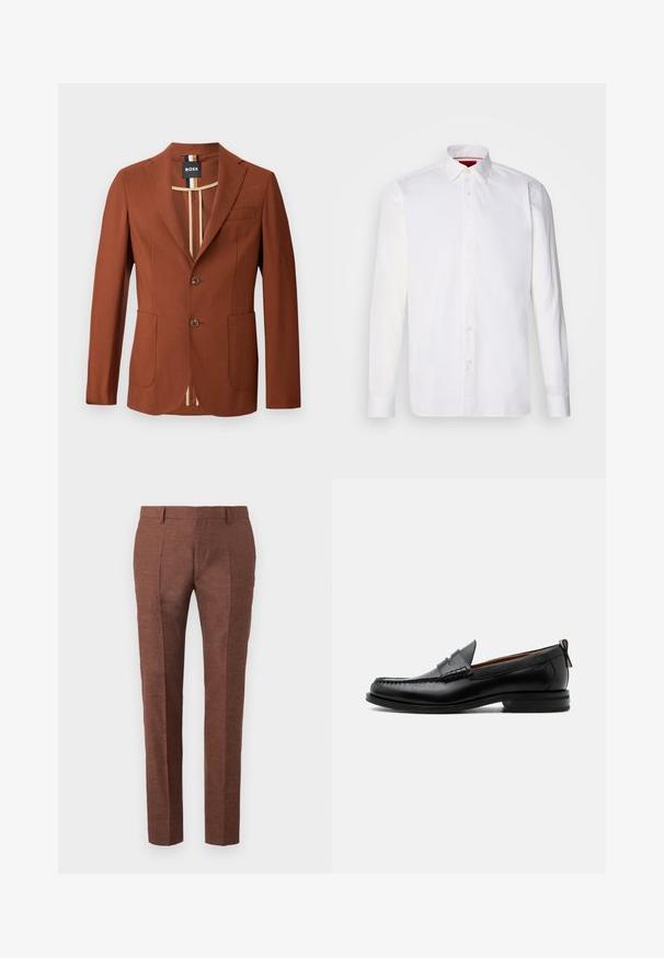 Brun blazer med en skræddersyet design, der har to forlommer, to knapper og en stribet indvendig foring. Glat tekstur, struktureret form.; Hvid langærmet skjorte lavet af bomuld, med en klassisk krave, frontplacket med knapper og en glat tekstur. Rød detalje på den indre krave.; Brune linned bukser med en tekstureret finish, har en slim fit design, syede frontfolder og to side lommer.; Sort læder herre loafer med moc-tå syning, penny strop, struktureret krave og lav stablet hæl på hvid baggrund.