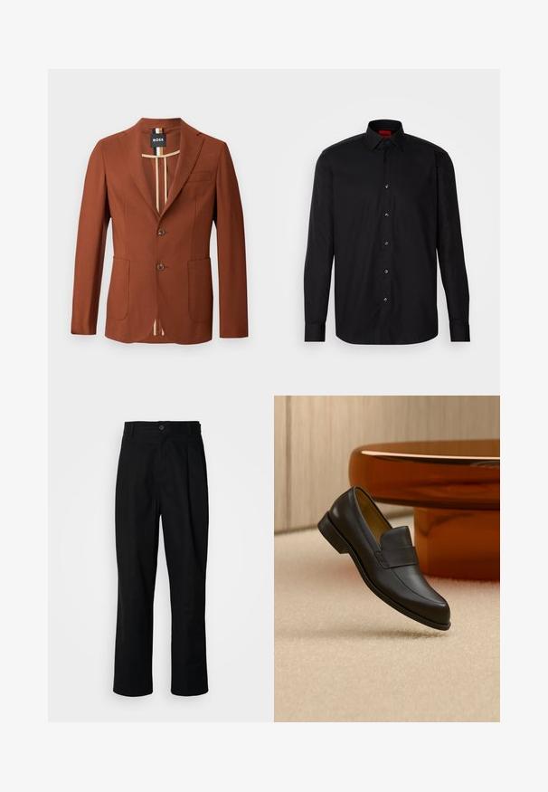 Blazer marron au design ajusté, comprenant deux poches avant, deux boutons et une doublure intérieure rayée. Texture lisse, forme structurée.; Chemise noire à manches longues en tissu lisse, avec un col classique, un fermeture à boutons à l'avant et une coupe ajustée.; Pantalons noirs à jambes droites avec une taille à bouton, passants de ceinture et pli avant, présentés sur un fond blanc uni.; Mocassin en cuir noir à talon bas flottant au-dessus d'un sol moquetté beige près d'une table ronde marron.