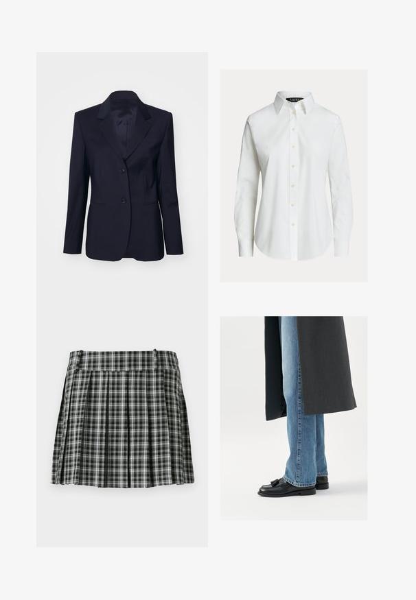 Tiger of Sweden YLJA - Blazer - dark ink; Weißes langärmeliges Hemd mit Knopfleiste, spitzem Kragen und leicht gebogenem Saum.; Schwarz-weißer karierter, gefalteter Rock mit einem glatten Bund und mehreren vertikalen Falten. Aus leichtem Stoff gefertigt.; Schwarze Leder Slipper mit Quasten, getragen mit hellblauen geraden Jeans, ergänzt durch einen dunkelgrauen Mantel. Klare Linien und strukturierter Stoff.