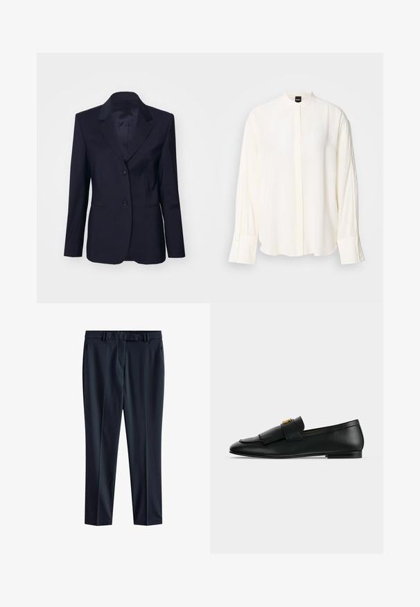 Tiger of Sweden YLJA - Blazer - dark ink; Langärmlige, cremefarbene Bluse aus glattem Stoff; Mandarin-Kragen, verdeckte Knopfleiste, geknöpfte Manschetten und eine lockere Passform.; Marineblaue Hose aus glattem Stoff mit geradem Schnitt, mit einem Bund mit Gürtelschlaufen und Seitentaschen.; Schwarzer Lederloafer mit einer fransigen Vorderklappe und einer kleinen goldenen Schnalle auf einem einfarbigen hellgrauen Hintergrund.