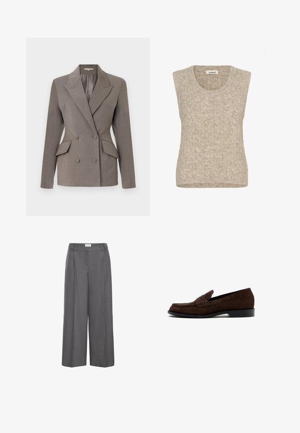Dobbeltbrystet grå blazer med satinfor, spids lapel, to frontlommer og lukning med to knapper. Skræddersyet pasform med strukturerede skuldre.; Beige kabelstrikket ærmeløs sweater vest med rund halsudskæring og blødt, tekstureret stof.; Grå højtaljede brede bukser med bæltestropper og en frontfase, mærket ICHI, præsenteret på en hvid baggrund.; Mørkebrun herre loafer i ruskind med lav hæl og mokkasinsøm, vist fra siden på hvid baggrund.