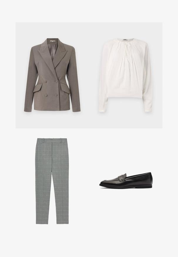 Dobbeltbrystet grå blazer med satinfor, spids lapel, to frontlommer og lukning med to knapper. Skræddersyet pasform med strukturerede skuldre.; Hvid langærmet bluse med rund halsudskæring og plisseret front. Blødt, glat stof med afslappet pasform og knapdetalje ved kraven.; Grå ternede tapered bukser med bæltestropper og flad front, designet til en skræddersyet pasform.; Sort læder loafersko med en glat finish, rund tå og dobbelte syninger på overdelen. Flad gummisål for komfort.