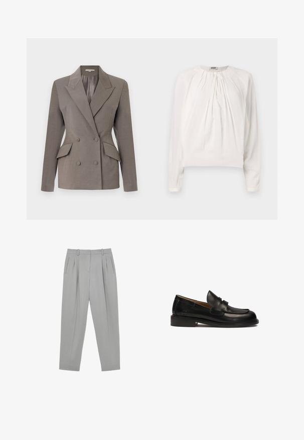 Dobbeltbrystet grå blazer med satinfor, spids lapel, to frontlommer og lukning med to knapper. Skræddersyet pasform med strukturerede skuldre.; Hvid langærmet bluse med rund halsudskæring og plisseret front. Blødt, glat stof med afslappet pasform og knapdetalje ved kraven.; Lysegrå formelle bukser med frontplisser, sidelommer, bæltestropper og en tilspidset benform.; Sort læder loafers med rund tå, dekoreret overrem og lav stablet hæl. Glat tekstur og minimale syninger.