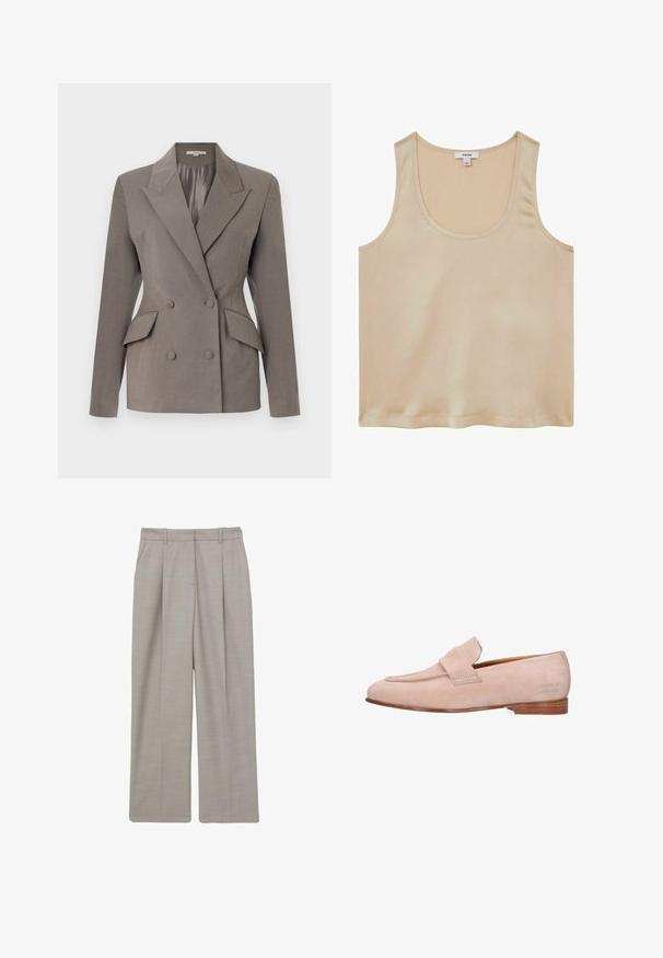 Dobbeltbrystet grå blazer med satinfor, spids lapel, to frontlommer og lukning med to knapper. Skræddersyet pasform med strukturerede skuldre.; Reiss REGULAR FIT - Bluse - neutral; Lys grå, vide bukser med plisseret front, lavet af et tekstureret stof. Har bæltestropper og sidelommer, skræddersyet design.; Beige herre loafer i ruskind med rem over toppen og lavt træhæl, præget med "Melvin & Hamilton" på siden.