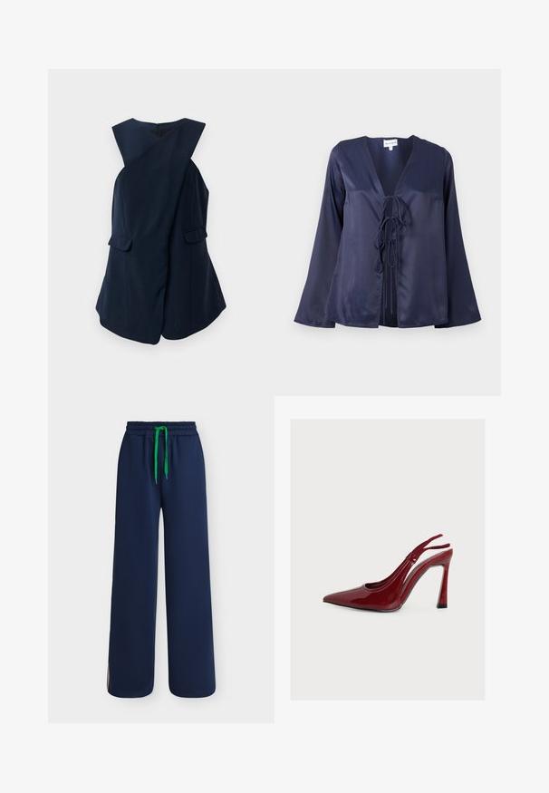Mouwloze marineblauwe jurk met een wikkelvoorkant en twee klepzakken, te zien tegen een witte achtergrond.; Navyblauwe satijnen blouse met een V-hals, lange uitlopende mouwen en een sluiting met een strik aan de voorkant. Gladde textuur met een eenvoudig, elegant ontwerp.; Marineblauwe broek met wijde pijpen, elastische tailleband en felgroen trekkoord, plat liggend op een witte achtergrond.; Rode hooggehakte slingback schoen van lakleer met spitse neus en stilettohak, in profiel weergegeven op een effen witte achtergrond.