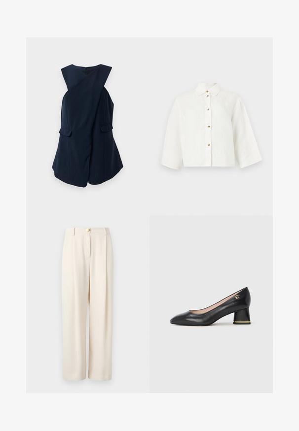 Ærmeløs navy blue kjole med indpakningsdesign og to klaplommer, præsenteret mod en hvid baggrund.; Hvid kort skjorte med knapper, brede ærmer og klassisk krave på en neutral baggrund.; Beige vide bukser i et glat stof, med enkelt knaplukning, sidelommer og en afslappet pasform for komfortabelt brug.; Sort læderpumpe med spids tå, rundet blokhæl med gulddetalje og glat tekstur. Foret inderside. Simpelt design.