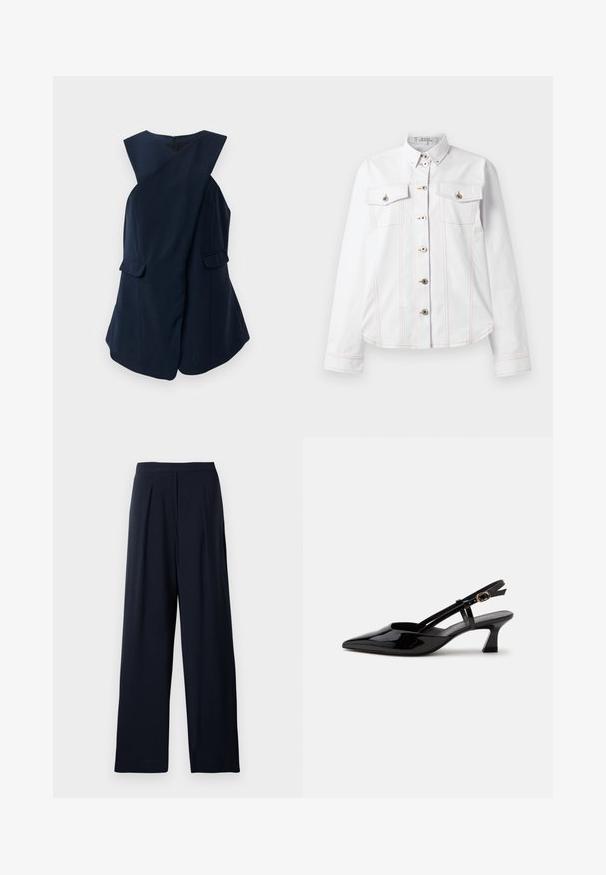 Ærmeløs navy blue kjole med indpakningsdesign og to klaplommer, præsenteret mod en hvid baggrund.; Hvid skjorte med lange ærmer, krave, to brystlommer, orange syninger og sølvknapper. Rent design med en skræddersyet pasform.; Marineblå brede bukser med folder, lavet af blødt stof. Har en glat talje og et enkelt design til alsidig brug.; Sort laklæderslingback med lille hæl, spids tå og justerbar guldlåsrem på hvid baggrund.