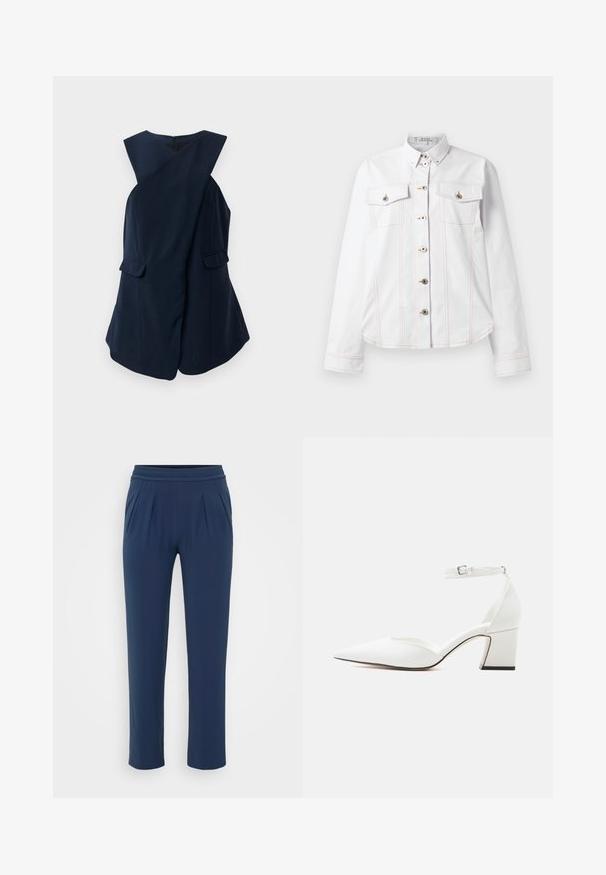Ærmeløs navy blue kjole med indpakningsdesign og to klaplommer, præsenteret mod en hvid baggrund.; Hvid skjorte med lange ærmer, krave, to brystlommer, orange syninger og sølvknapper. Rent design med en skræddersyet pasform.; Marineblå højtaljede bukser med elastisk talje, lige brede ben og sidelommer, præsenteret mod en ensfarvet baggrund.; Hvid spids tå sko med mellemhøj hæl, ankelrem og spænde, glat finish og blokhælkappe på en ensfarvet lys baggrund.