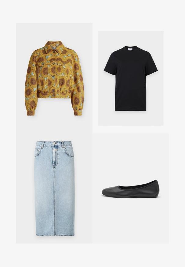 Veste courte jaune avec des tournesols bruns et des accents bleus, boutons sur le devant, poches poitrine, manches longues et col pointu.; T-shirt noir à manches courtes et col rond avec une étiquette blanche portant la mention "FILIPPA K" à l'intérieur du col arrière, présenté sur un fond blanc.; Jupe en denim bleu clair à coupe droite, avec poches avant, ceinture à passants et ourlet à hauteur des genoux. Aucune motif visible.; Ballerines en cuir noir avec un bout rond, texture lisse, détails de couture minimalistes et design de semelle flexible.
