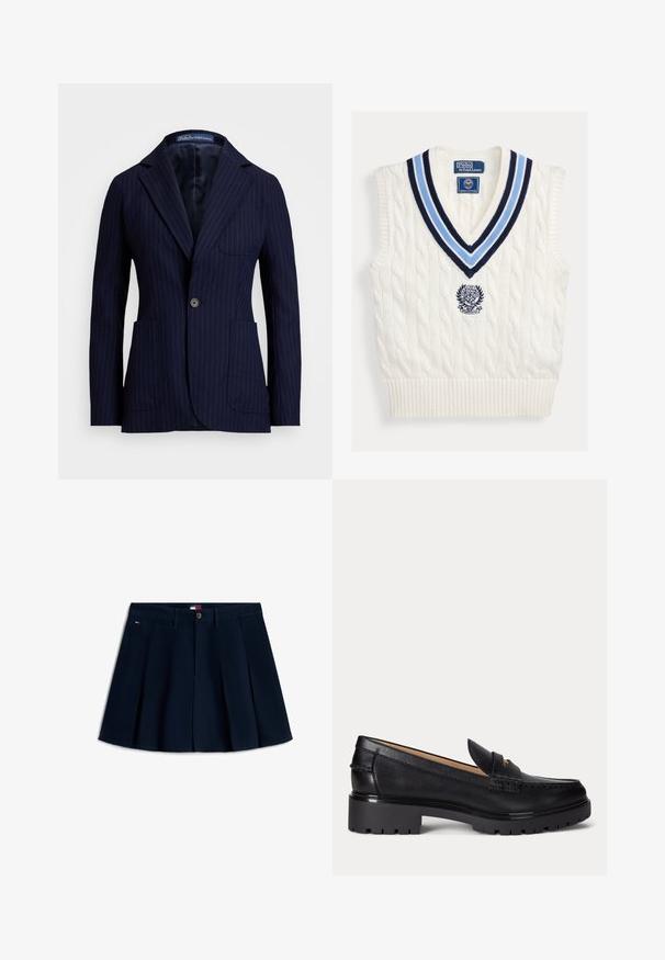 Marineblauwe pinstripe blazer gemaakt van stof met een gladde textuur. Voorzien van een notch-lapel, twee voorzakken en een sluiting met één knoop.; Wit kabelgebreid mouwloos trui-vest met blauw gestreepte V-hals en Polo Ralph Lauren Wimbledon-logo op de borst.; Navyblauwe geplooide minirok met knopen aan de voorkant en ritssluiting, riemlussen, zijzakken en een klein logo op de linker heup.; Zwarte leren loafer met dikke profielzool, lage hak en decoratief bandje aan de voorkant.