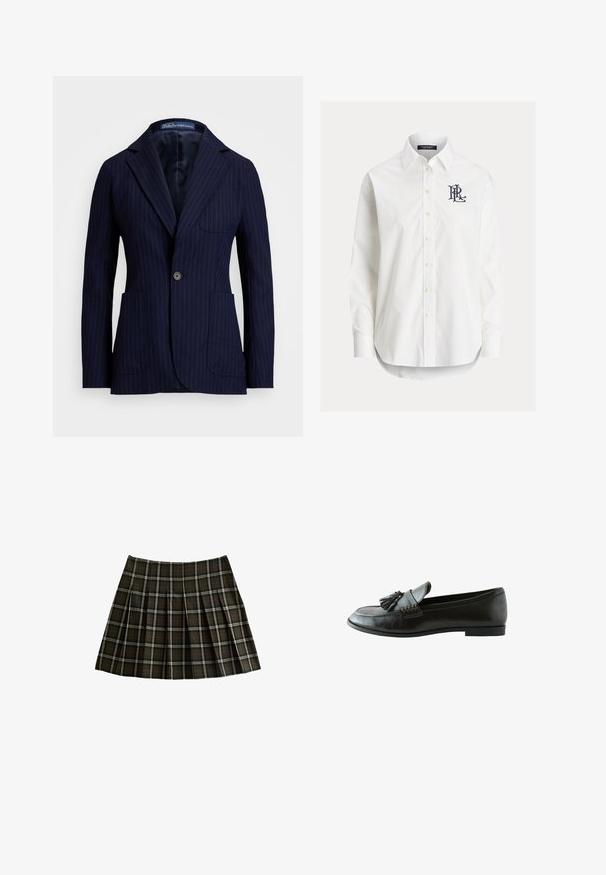 Marineblå nålestribet blazer lavet af stof med en glat tekstur. Har en vippekrave, to forlommer og en enkelt knaplukning.; Hvid langærmet skjorte med knapper og spidser krave samt sort broderet logo på venstre bryst.; Rutet miniskørt i mørkegrøn og rød med plisseret design og en glat overflade. Lavet af stof med en blød finish.; Sort læderloafer med kvaster foran, flad sål og dekorativ syning langs siden.