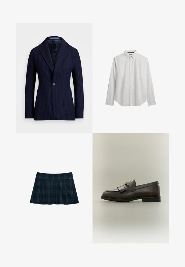 Marineblå nålestribet blazer lavet af stof med en glat tekstur. Har en vippekrave, to forlommer og en enkelt knaplukning.; Langærmet hvid skjorte med knapper og button-down krave, vist på en hvid baggrund.; Rynket nederdel med tern i mørkegrøn og marineblå med en glat talje og logo-accent. Har et klassisk, lagdelt rynkedesign.; Mørkebrun læderloafer med frynser og guldbeslag på sort sål, vist fra siden på en neutral baggrund.