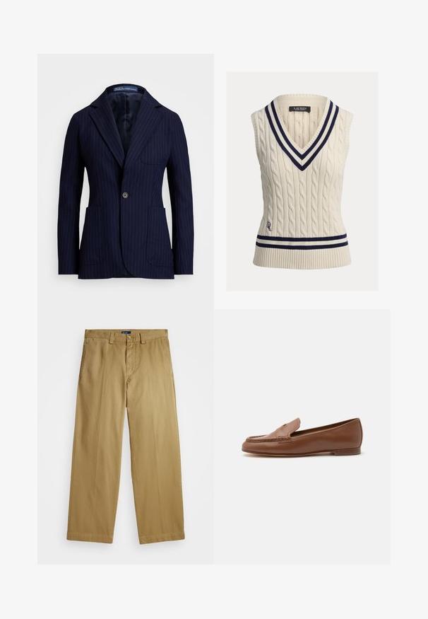 Marineblå nålestribet blazer lavet af stof med en glat tekstur. Har en vippekrave, to forlommer og en enkelt knaplukning.; Ærmeløs sweater i kabelstrik i cremefarve med dyb V-udskæring. Har navy- og hvide stribede kanter ved halsudskæringen og kanten, med logodetalje.; Polo Ralph Lauren COTTON CHINO STRAIGHT LEG TROUSER - Chino - khaki; Klassisk brun læderloafer med lav hæl og syninger på mokkatoen, vist i sideprofil på en hvid baggrund.