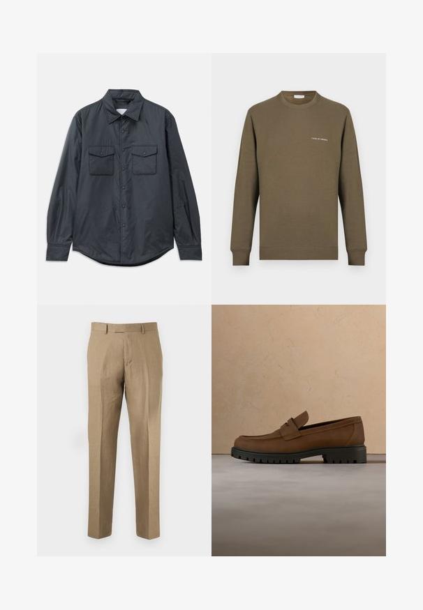 Chemise à manches longues gris foncé en tissu lisse, dotée d'un col pointu, de deux poches poitrine et d'une fermeture à boutons sur le devant.; Sweat-shirt vert olive en coton avec une texture lisse, doté d'un col rond, de manches longues et d'un logo en texte blanc sur la poitrine.; Pantalon beige ajusté avec passants de ceinture, plis sur le devant et coupe droite sur fond uni.; Mocassin en cuir marron foncé avec semelle épaisse en caoutchouc noir présenté au-dessus d’un tapis beige et d’un canapé en arrière-plan.