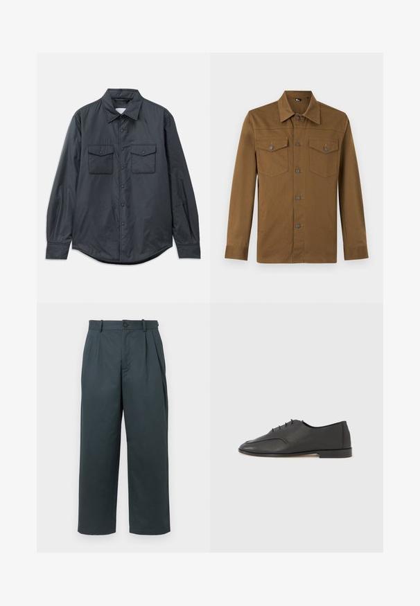 Chemise à manches longues gris foncé en tissu lisse, dotée d'un col pointu, de deux poches poitrine et d'une fermeture à boutons sur le devant.; Chemise marron à manches longues avec col pointu et deux poches poitrine boutonnées, présentée sur fond clair uni.; Pantalons larges en vert foncé fabriqués en tissu léger et doux. Avec des plis à l'avant, une fermeture à bouton et des passants de ceinture. Design ajusté.; Chaussure Oxford noire en cuir avec lacets, surface texturée et petit talon, vue de profil sur un fond gris clair uni.
