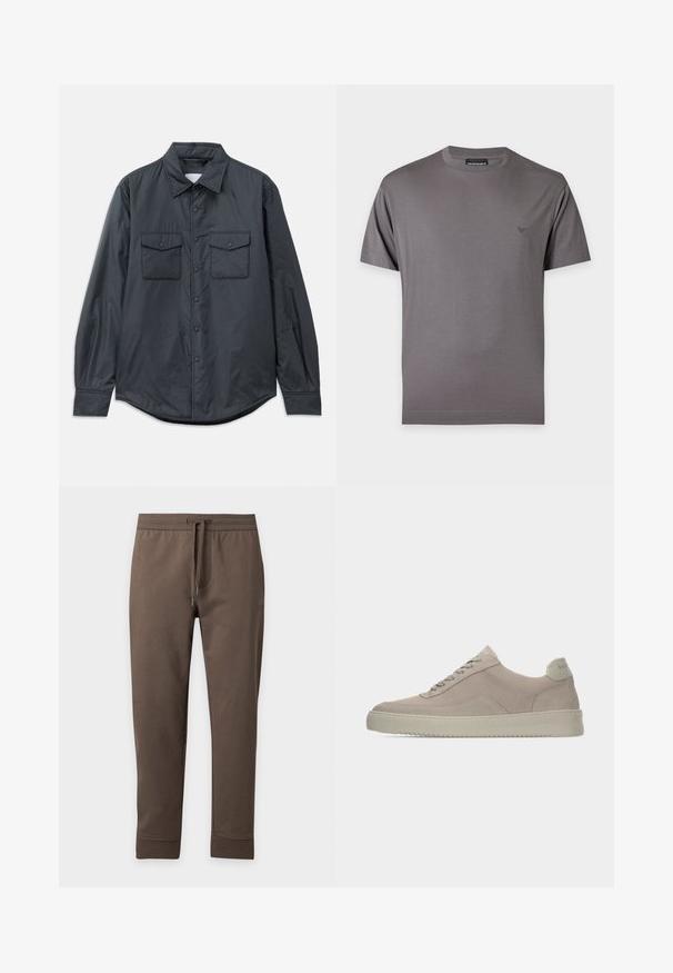 Chemise à manches longues gris foncé en tissu lisse, dotée d'un col pointu, de deux poches poitrine et d'une fermeture à boutons sur le devant.; T-shirt gris à manches courtes et col rond avec un petit logo brodé sur la poitrine gauche et une étiquette de la marque à l’intérieur du col.; Pantalon de survêtement marron fuselé avec taille élastique et cordon, présenté à plat sur un fond clair.; Baskets en daim beige avec une finition texturée, un bout arrondi et des lacets ton sur ton. Elles présentent une semelle en caoutchouc épaisse et un branding discret sur le talon.