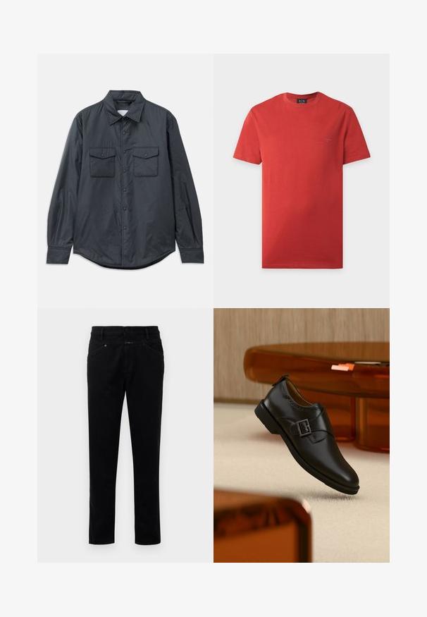 Chemise à manches longues gris foncé en tissu lisse, dotée d'un col pointu, de deux poches poitrine et d'une fermeture à boutons sur le devant.; T-shirt rouge à manches courtes et col rond avec un logo Armani Exchange discret sur la poitrine gauche et une étiquette A|X sur le col.; Pantalons en denim noir avec une coupe droite, dotés d'une fermeture à bouton, d'un style à cinq poches et d'une texture lisse.; Chaussure monk en cuir noir avec boucle argentée, flottant au-dessus d'un tapis beige avec des meubles translucides marron en arrière-plan.