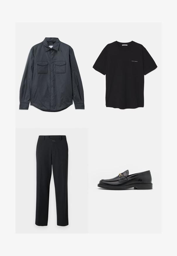 Chemise à manches longues gris foncé en tissu lisse, dotée d'un col pointu, de deux poches poitrine et d'une fermeture à boutons sur le devant.; T-shirt en coton noir avec un col rond, des manches courtes et un logo blanc imprimé sur la poitrine gauche. Design simple, couleur unie.; Pantalon noir à coupe droite, en tissu lisse. Il présente une fermeture à bouton à l'avant et des détails de couture subtils. Conception simple sans motifs.; Mocassins en cuir noir avec un embout rond, présentant des accents en métal doré et des détails de couture, montés sur une semelle en caoutchouc texturé et basse.
