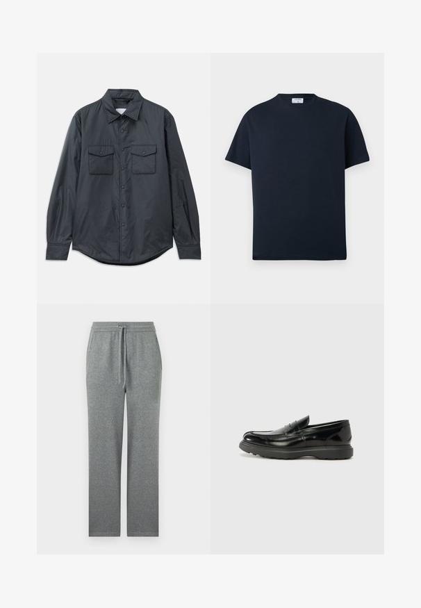 Chemise à manches longues gris foncé en tissu lisse, dotée d'un col pointu, de deux poches poitrine et d'une fermeture à boutons sur le devant.; T-shirt noir à manches courtes avec col rond, muni d'une petite étiquette blanche à l'intérieur du col affichant le nom de la marque.; Pantalon de survêtement gris à jambes droites avec waistband élastique et cordon de serrage, doté de poches latérales sur un fond blanc uni.; Mocassin en cuir noir avec une finition brillante, bout arrondi, détails de couture subtils et semelle en caoutchouc épaisse pour la durabilité.