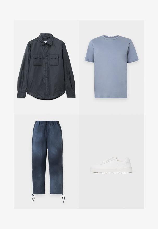 Chemise à manches longues gris foncé en tissu lisse, dotée d'un col pointu, de deux poches poitrine et d'une fermeture à boutons sur le devant.; T-shirt bleu clair en coton à manches courtes et col rond avec un design simple et une étiquette de marque visible à l'intérieur du col.; Pantalons bleu marine avec cordon de serrage et taille élastique, deux poches latérales et liens aux chevilles présentés sur fond blanc.; Sneaker blanc avec une tige en cuir lisse, bout rond, lacets, accents latéraux texturés et une épaisse semelle en caoutchouc. Design minimaliste.
