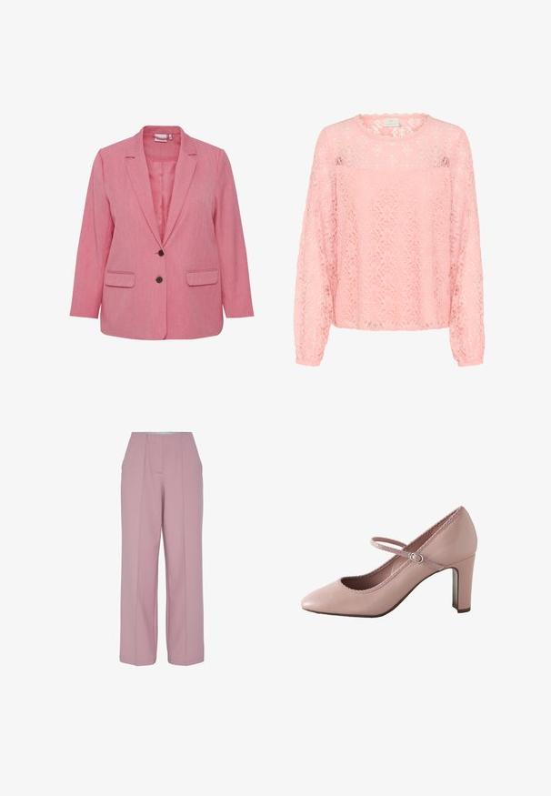 Lyserød stofblazer med tekstureret overflade, enkelt knaplukning, to forlommer og nedskåret reversdesign. Uforet indvendig.; Lys pink blonde top med lange ærmer, rund halsudskæring og bølgede kanter. Indviklet blomsterdesign gennem hele stoffet.; Bredde bukser i blødt pink stof med frontfolder, høj talje og en glat overflade uden synligt hardware.; Lyserød læderhøjhælet sko med rundet tå, ankelrem og bølget kant. Har en slank blokhæle for støtte.
