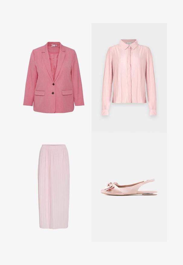 Lyserød stofblazer med tekstureret overflade, enkelt knaplukning, to forlommer og nedskåret reversdesign. Uforet indvendig.; Rosa langærmet bluse med kravehals, der har en plisseret tekstur og knaplukning foran. Glat stof med kontrasterende manchetter.; Lyserød plisseret nederdel med en afslappet talje og en lang, flydende silhuet. Glat tekstur med subtile striber for ekstra detaljer.; Pink satinsko med slingback-stil med rundet tå, stor sløjfedetalje foran og en lille metallisk accent på hælen.