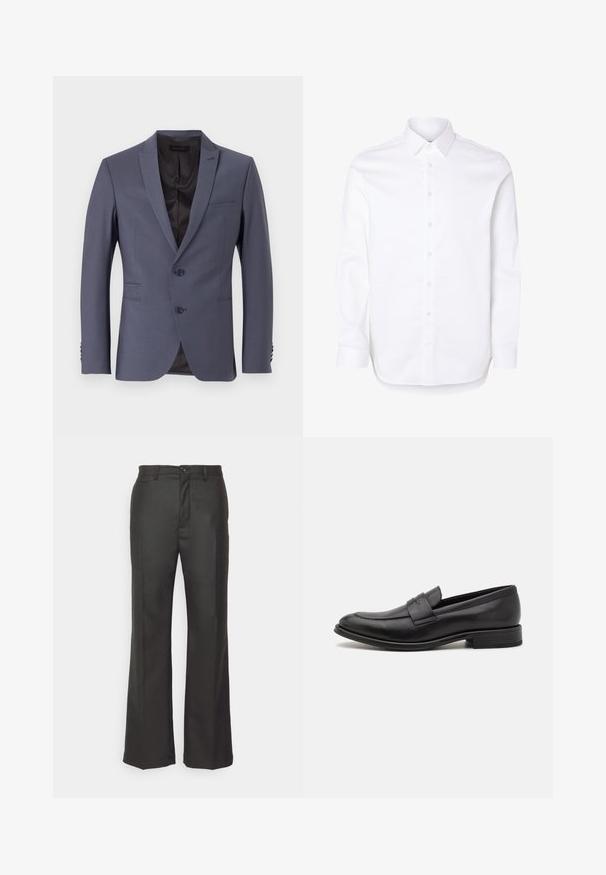 Veste de costume grise à simple boutonnage, avec deux boutons, revers crantés et poignets à trois boutons. Tissu lisse, coupe ajustée.; Chemise blanche à manches longues avec col classique et poignets boutonnés.; forét Pantalon classique - dark grey; Mocassin en cuir noir avec une finition lisse, une sangle décorative sur le dessus, un bout rond et un petit talon empilé.