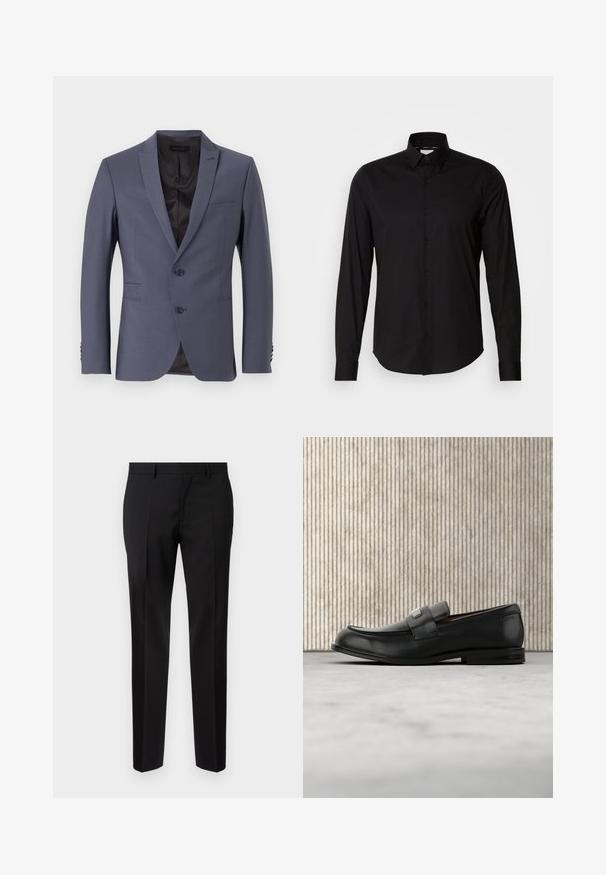 Chaqueta de traje gris con un diseño de un solo botón, dos botones, solapas de muesca y acentos en los puños con tres botones. Tela suave, forma ajustada.; Camisa negra de manga larga hecha de tela suave. Presenta un cuello clásico, una botonera y un dobladillo recto. Sin patrones ni acentos presentes.; Pantalones negros de corte ajustado, hechos de una tela suave, con pernera recta, detalles de pinzas refinadas y una cinturilla clásica con ojales para cinturón.; Mocasín de cuero negro con una placa metálica de marca apoyado cerca de una mesa redonda marrón sobre un suelo alfombrado beige.