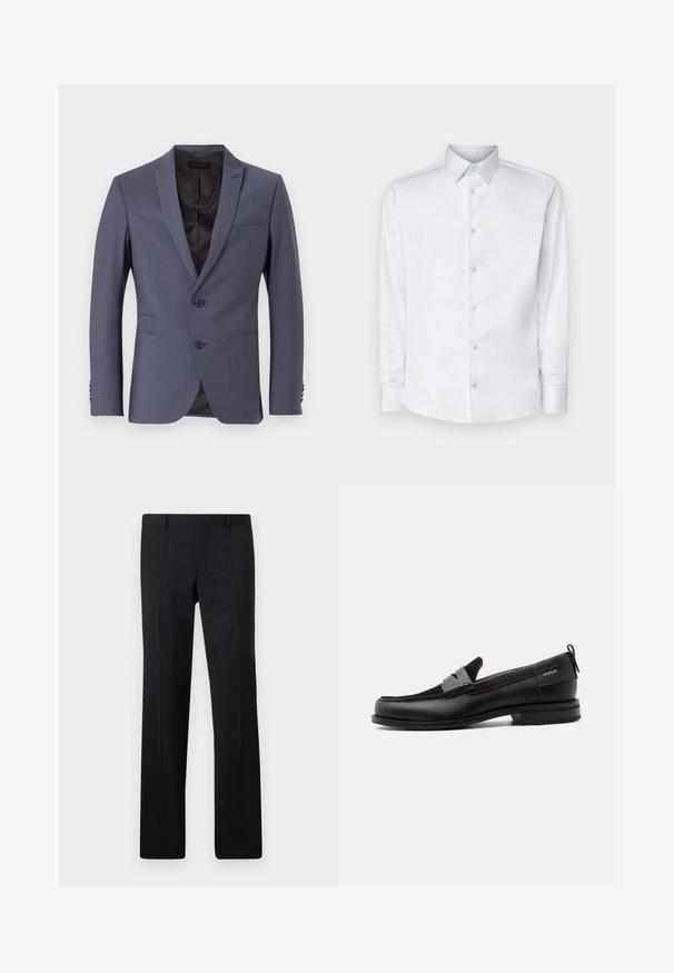 Chaqueta de traje gris con un diseño de un solo botón, dos botones, solapas de muesca y acentos en los puños con tres botones. Tela suave, forma ajustada.; Camisa blanca de manga larga hecha de tela suave, con un cuello clásico, tapeta de botones y puños con botones, presentada sobre un fondo liso.; Pantalones negros ajustados con un diseño de pierna recta, pliegues marcados y un acabado suave. Fabricados en tejido ligero con una cintura limpia.; Mocasín de cuero negro con detalle de tira gris, tacón bajo y suela texturizada, con la marca "HUGO" en oro en el lateral.