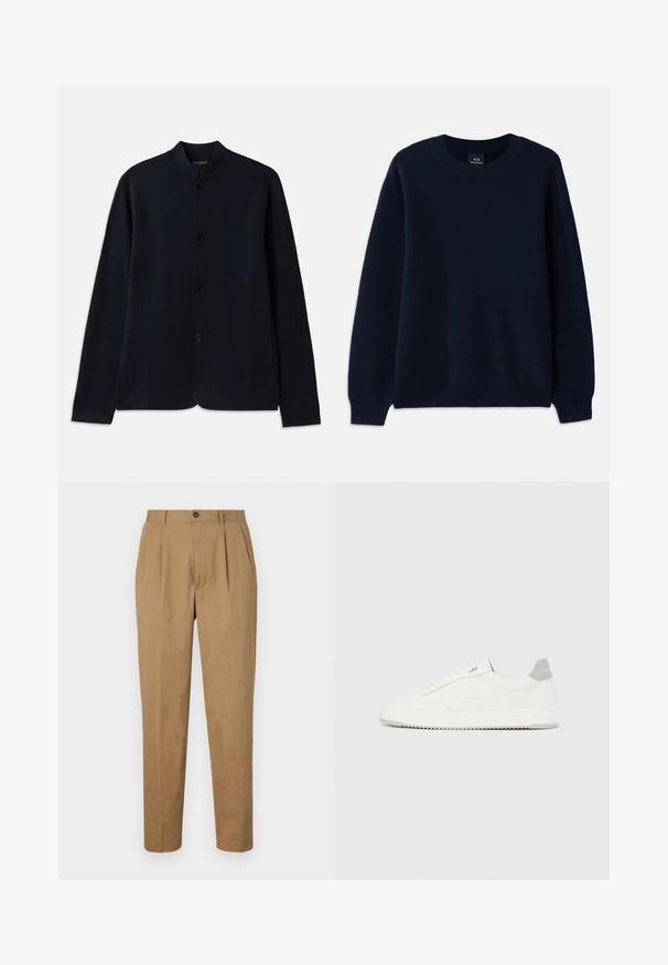 Navyblauwe cardigan met een rechtopstaande kraag, frontsluiting met knopen en lange mouwen. Gemaakt van zachte materialen en heeft een gladde textuur.; Navyblauwe ribgebreide trui met een ronde halslijn en lange mouwen. Heeft een textuurpatroon door de stof.; Beige geplooide broeken met een rechte snit, gemaakt van een zachte stof. Voorzien van een sluiting met een knoop aan de voorkant en zijzakken.; Witte lage sneaker met grijze hielpatch, witte veters en een gestructureerde zool, gepresenteerd op een effen lichte achtergrond.
