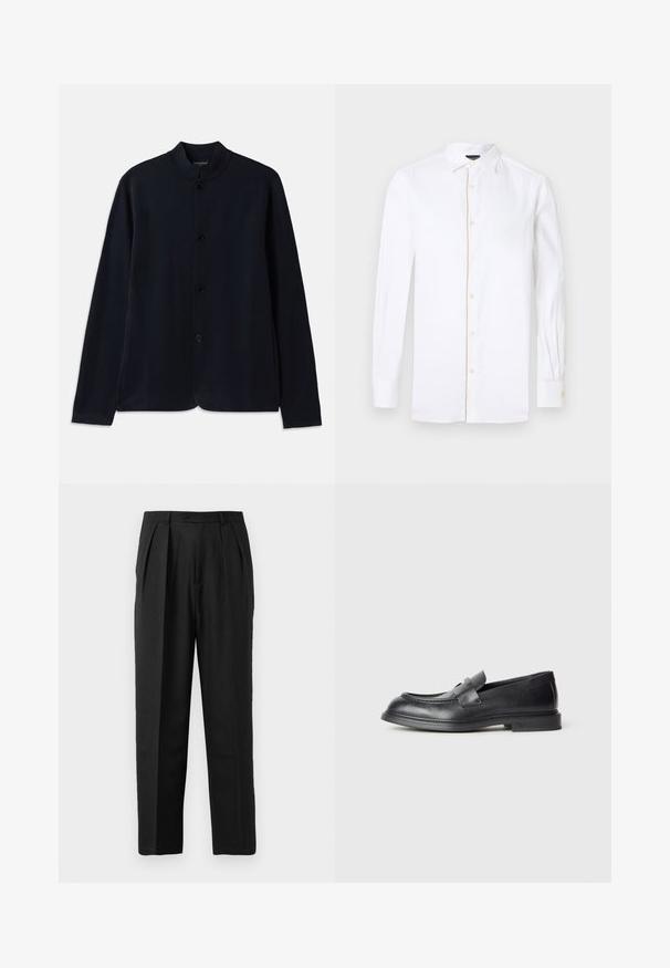 Navyblauwe cardigan met een rechtopstaande kraag, frontsluiting met knopen en lange mouwen. Gemaakt van zachte materialen en heeft een gladde textuur.; Wit overhemd met lange mouwen, gemaakt van katoen, met een klassieke kraag, knoopsluiting en een subtiele gouden accent langs de knopen.; Zwarte geplooide broeken met een op maat gemaakte ontwerp, vervaardigd uit een gladde stof, met een knoopsluiting en een recht gesneden pijp.; Zwarte leren loafers met een gestructureerde afwerking, voorzien van een decoratieve voorstrik en een afgeronde neus. Rubberzool voor duurzaamheid.