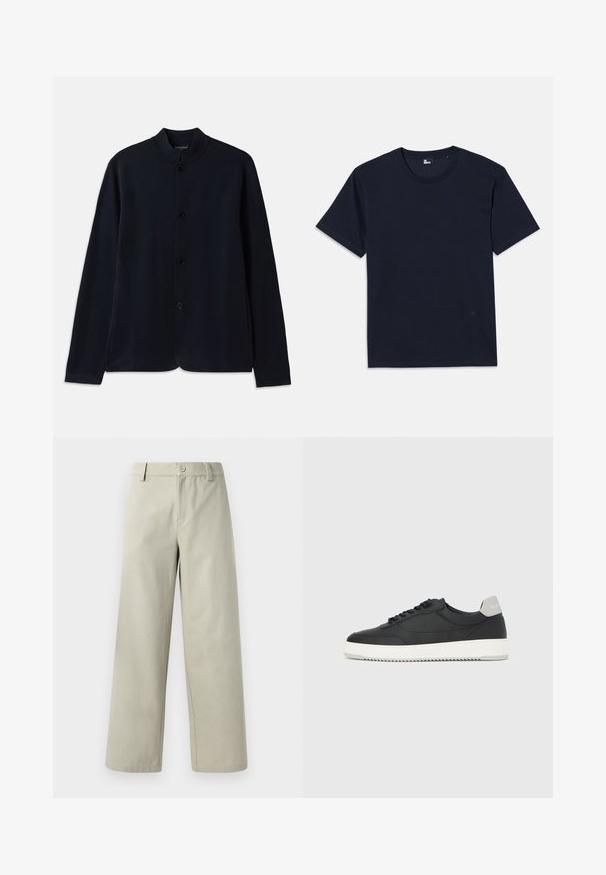 Navyblauwe cardigan met een rechtopstaande kraag, frontsluiting met knopen en lange mouwen. Gemaakt van zachte materialen en heeft een gladde textuur.; Navyblauwe katoenen t-shirt met korte mouwen, ronde hals en minimale stiksels. Eenvoudig ontwerp zonder zichtbare patronen of accenten.; Han Kjøbenhavn WIDE LEG - Broek - light grey; Zwarte lage sneaker met witte zool en grijze hieltab, zijaanzicht op een effen witte achtergrond.