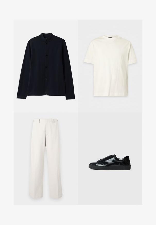Navyblauwe cardigan met een rechtopstaande kraag, frontsluiting met knopen en lange mouwen. Gemaakt van zachte materialen en heeft een gladde textuur.; Effen wit katoenen T-shirt met korte mouwen, ronde hals en een subtiel reliëflogo op de linkerborst.; Zijde brede broek gemaakt van lichtgewicht stof in een lichtbeige kleur. Kenmerkt zich door een vlakke voorkant en geen zichtbare patronen of versieringen.; Zwarte gepatenteerde leren sneakers met een ronde neus, vetersluiting, een gestructureerde rubberen zool en een glanzende afwerking.