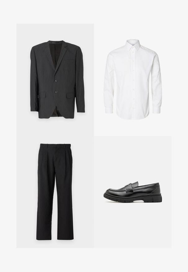 Sort blazer med smalle striber, to-knaps lukning, klapkraver, sidelommer, enkelt brystlomme og foret inderside. Skræddersyet pasform.; Hvid skjorte med lange ærmer, knapper foran, spids krave og knappede manchetter.; Jack & Jones JPSTBILL JJDAYTONA WIDE CHINO - Chino - black; Sort læder loafersko med en bred rem over forfoden, gummisål med tykke mønstre og glat overflade. Klassisk, slankt design.