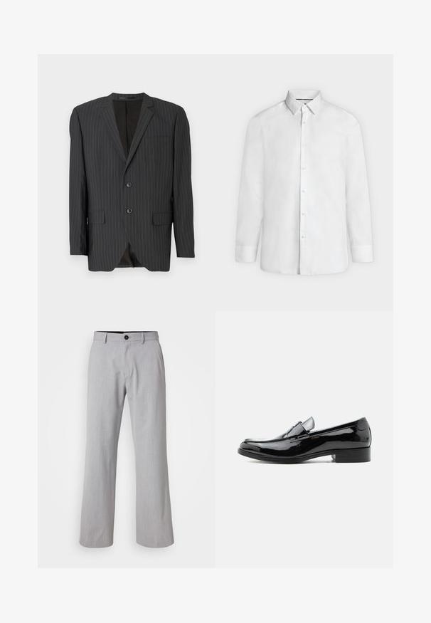 Sort blazer med smalle striber, to-knaps lukning, klapkraver, sidelommer, enkelt brystlomme og foret inderside. Skræddersyet pasform.; Hvid skjorte med lange ærmer, spredt krave og knapmanchetter, vist forfra på en ensfarvet lysegrå baggrund.; Lys grå bredbenede bukser lavet af et tekstureret stof. Har en talje med bæltesløjfer, en lukning med knap foran og to sidelommer.; Sort herre loafer i laklæder med lav hæl, rundet tå og remdetalje over vristen på hvid baggrund.