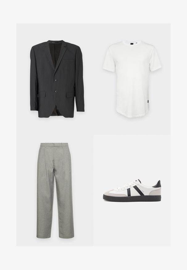 Schwarzer Blazer mit Nadelstreifen, zwei Knöpfen, Reverskragen, Seitentaschen, einer Brusttasche und gefüttertem Innenbereich. Taillierte Passform.; Weißes T-Shirt mit kurzen Ärmeln aus Baumwolle, mit Rundhalsausschnitt und einem leicht verlängerten Rückenteil, sowie einem kleinen Logo-Akzent an der Seite.; Graue maßgeschneiderte Hose aus strukturiertem Stoff mit geradem Bein, Bundfalten und einem Standardbund mit Gürtelschlaufen.; Weiße Sneaker mit schwarz- und grau-aczenten, ausgestattet mit einer strukturierten grauen Zehenkappe, schwarzer Gummi-Sohle und flachen weißen Schnürsenkeln. Sauberes Design, minimalistische Stil.