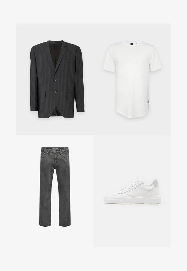 Sort blazer med smalle striber, to-knaps lukning, klapkraver, sidelommer, enkelt brystlomme og foret inderside. Skræddersyet pasform.; Hvid kortærmet t-shirt lavet af bomuld, med rund halsudskæring og en let forlænget ryg, samt en lille logoaccent på siden.; Mænds mørkegrå denimjeans med lige ben, forrest lukning med knap og lynlås, bæltestropper og klassisk five-pocket design.; Hvide lædersneakers med en glat finish, rund tå, flade snørebånd og en struktureret sål. Grå ruskindsdetalje ved hælen.